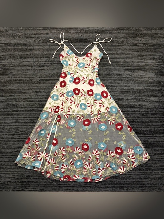 Tularosa Dresses & Skirts - Tularosa Charlotte Embroidered Floral Tulle Overlay Sleeveless Midi Dress